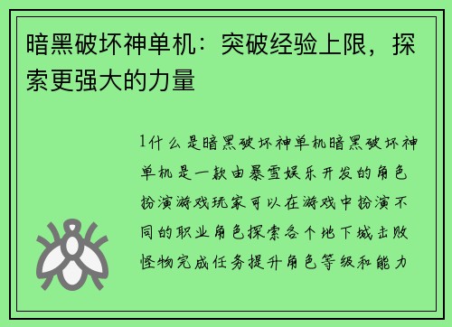 暗黑破坏神单机：突破经验上限，探索更强大的力量