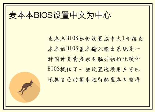 麦本本BIOS设置中文为中心